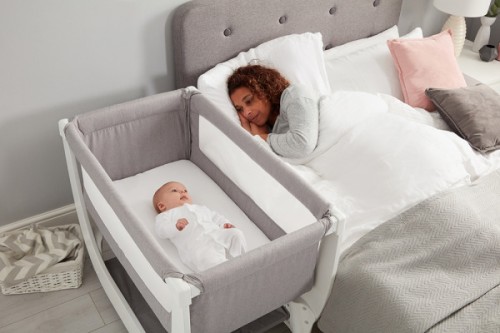 grey bedside crib